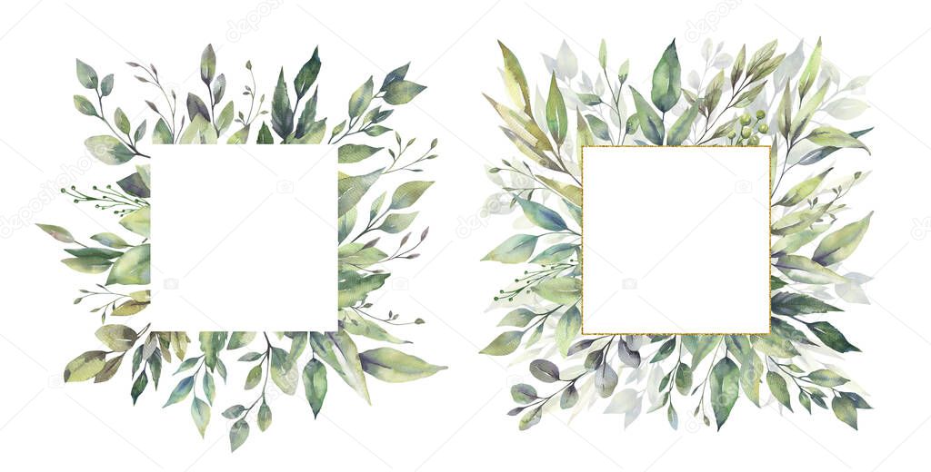 Watercolor floral illustration set - green leaf Frame collection, for wedding stationary, greetings, wallpapers, fashion, background. Eucalyptus, olive, green leaves, etc.