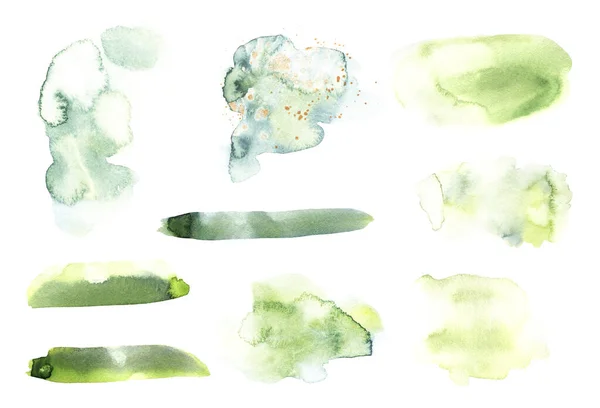 Beyaz arka planda soyut suluboya yeşil şekiller. Renk sıçratan el çizimi — Stok fotoğraf