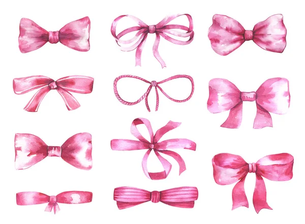 Ilustraciones en acuarela. Pink Bows. Seda, lazo de satén. —  Fotos de Stock