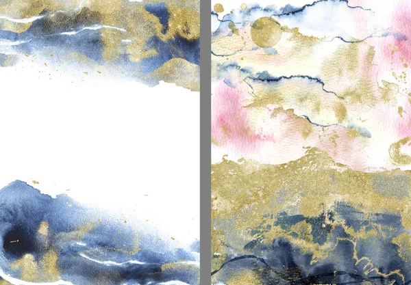 Gold, pink and navy blue watercolor texture design. Brush stroke frame, border.