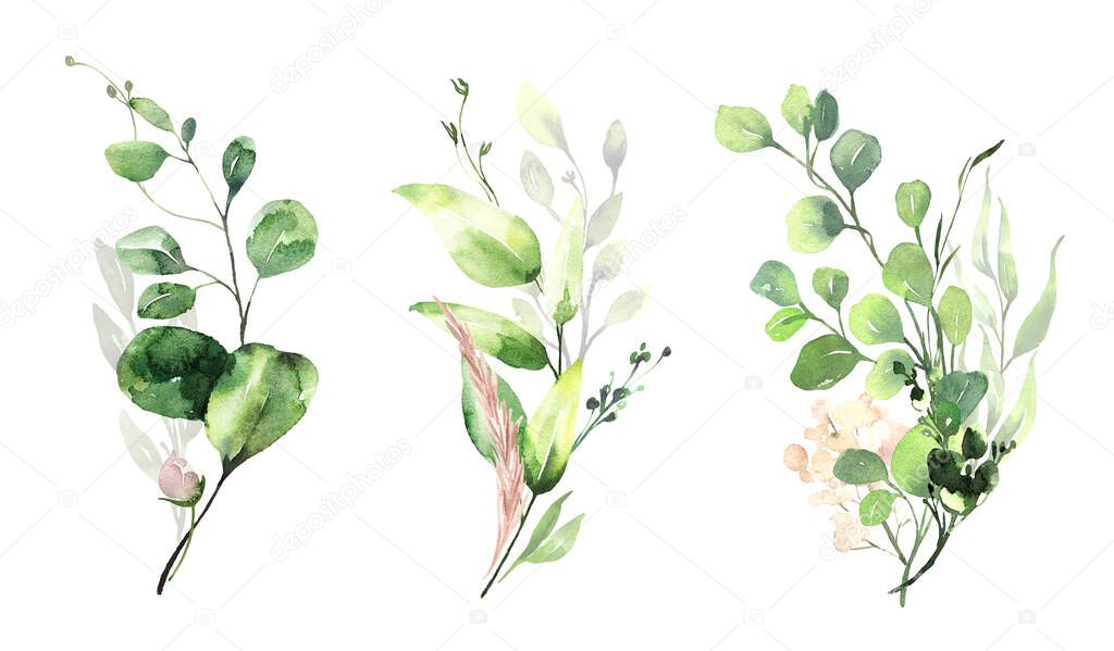 Watercolor floral illustration set - green eucalyptus leaf branches collection, pink flowers for wedding invitation, greetings cards, wallpapers, background. Eucalyptus, green leaves.