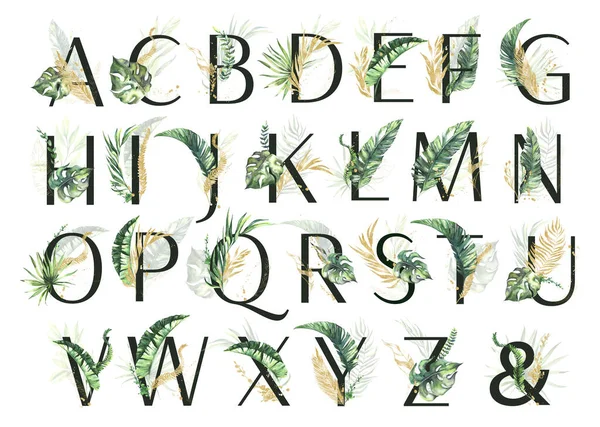 トロピカルグリーンとゴールドの花アルファベットコレクション-緑とゴールドの熱帯の葉を持つすべての文字。結婚式の招待状と装飾のための熱帯セット. — ストック写真