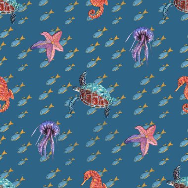 Mavi deniz zeminli kaplumbağa, denizanası, denizatı, balık, denizyıldızı üzerinde suluboya deseni