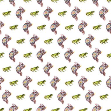 Yeşil yaprakların arka planında bukalemun ve kurbağa. Kusursuz suluboya tropikal desen.