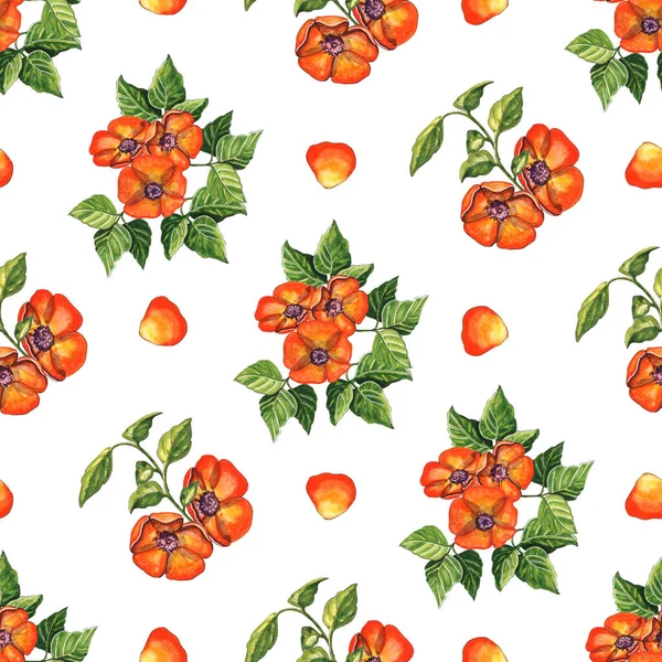 Watercolor Seamless Pattern Red Flowers Green Leaves Fabric — Stock Photo, Image