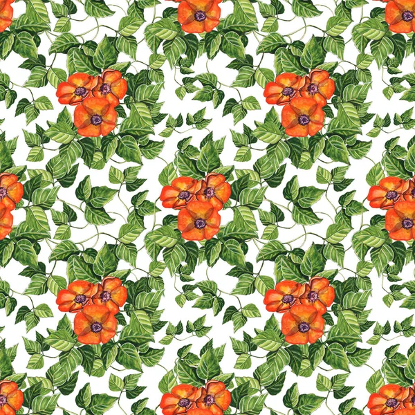 Watercolor Seamless Pattern Red Flowers Green Leaves Fabric — Stock Photo, Image