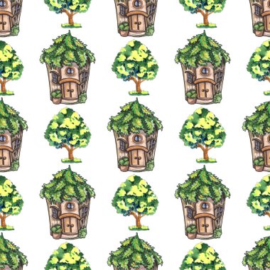 Suluboya desenli karikatür fantezi evi büyük yeşil bir ağacın yanında.