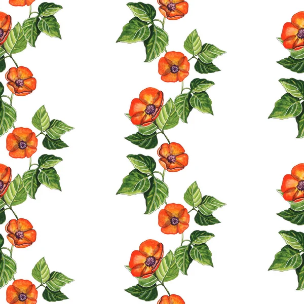 Watercolor Seamless Pattern Red Flowers Green Leaves Fabric — Stock Photo, Image