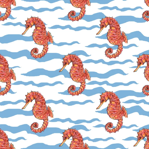 Akvarel Bezešvný Vzor Modrém Mořském Pozadí Mořský Koník — Stock fotografie