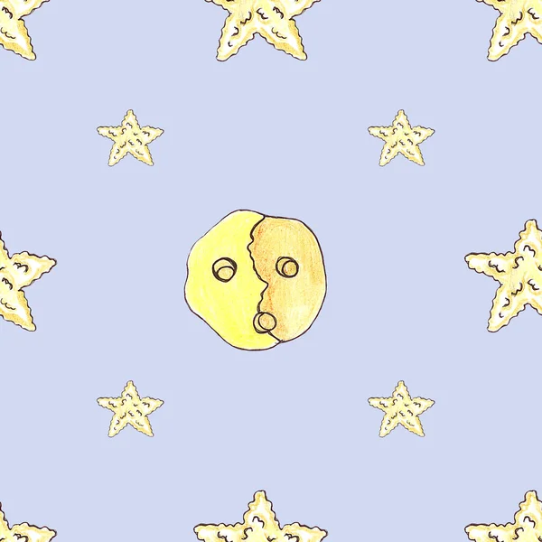 Акварель Бесшовная Детская Модель Желтые Пушистые Звезды Луна Голубом Небе — стоковое фото
