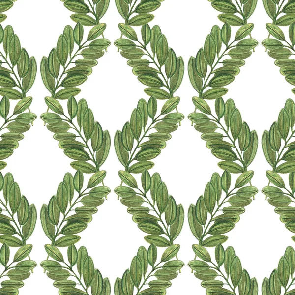 白い背景に緑の山灰の葉の幾何学的なシームレスなパターン — ストック写真