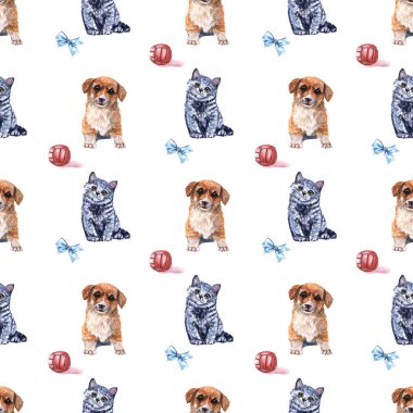 suluboya desenli, beyaz arka planda topları olan yavru köpek ve kedi.