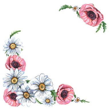 Papatya kartpostalı. Suluboya vignette, yeşil yapraklı beyaz papatyalar.