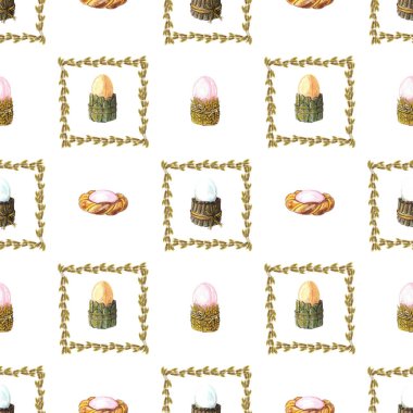 Paskalya sembollerinin suluboya desenleri buğday kulakları çerçevesinde.