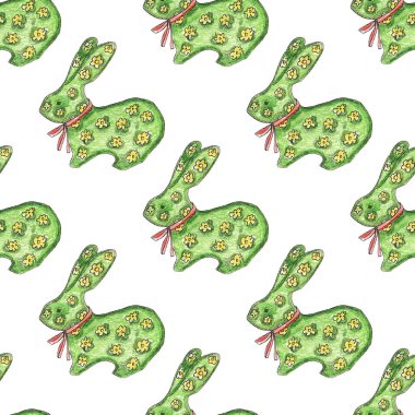 Beyaz arka planda kurşun kalemlerle çizilmiş yeşil tavşan. Kusursuz desen.