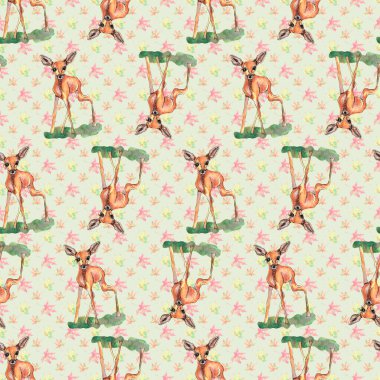 Beyaz arka planda suluboya desenler küçük bir geyik yavrusu ve yeşil bir ağaç