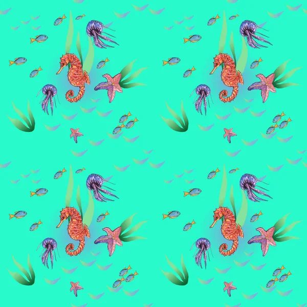 Watercolor Painting Seamless Pattern Sea Marine Life Seabed Fish Seahorse — Stock Fotó