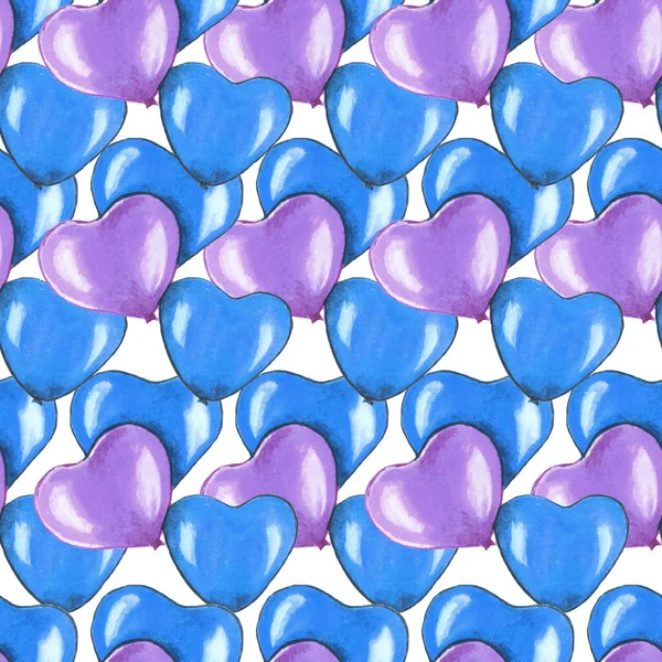 Blue and purple hearts on a white background. Watercolor seamless pattern for textiles, design, decor, pillows, packaging paper, postcards.