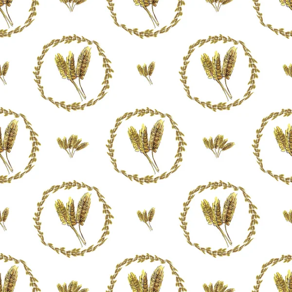 Watercolor Seamless Pattern Yellow Wheat Ears — Stockfoto