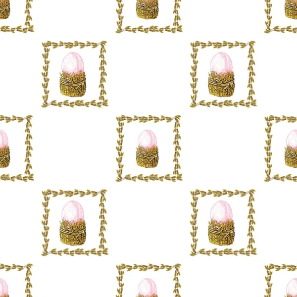 Akvarel Bezešvný Vzor Velikonočních Symbolů Rámu Pšeničných Uší — Stock fotografie