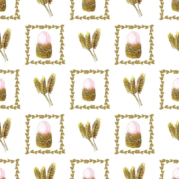 Akvarel Bezešvný Vzor Velikonočních Symbolů Rámu Pšeničných Uší — Stock fotografie