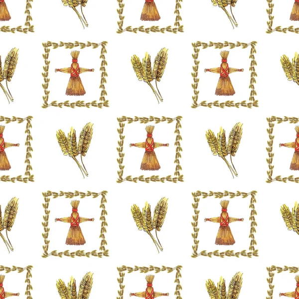 小麦の耳のフレームにイースターシンボルの水彩シームレスパターン — ストック写真