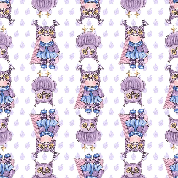 Watercolor Drawing Seamless Pattern Doll Owl Hat Owl Toy Purple — Stock fotografie