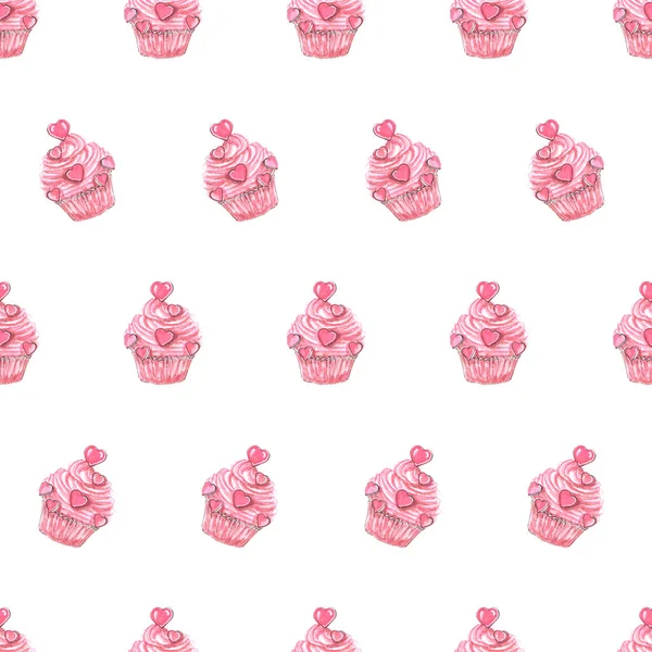 Watercolor Pattern Pink Cupcakes Holiday Lovers — Zdjęcie stockowe