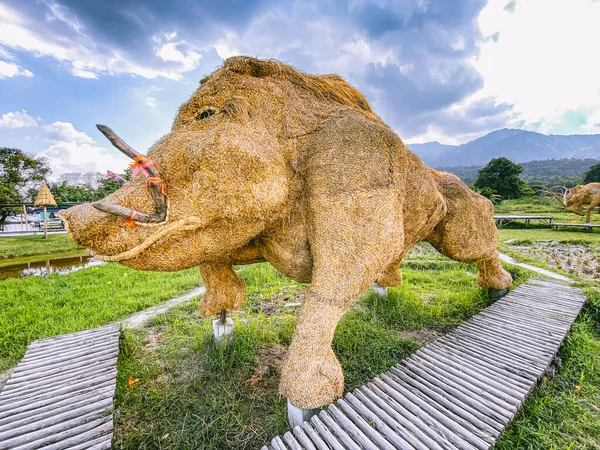 Giant animal and King Kong hay sculptures in Huay Tung Tao Lake Don Kaeo in Chiang Mai province, Thailand