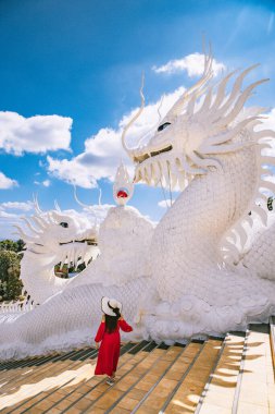 Wat Huay Pla Kang, Chiang Rai 'deki beyaz Buda ve ejderhalar, Tayland' daki Chiang Mai vilayeti,