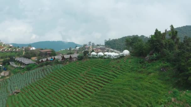 Letecký pohled na tábořiště a stany na hoře Doi Mon Cham v Mae Rim, provincie Chiang Mai, Thajsko — Stock video