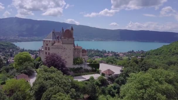 フランスのネイシー湖と城の空中風景 — ストック動画