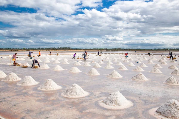 Phetchaburi Salt flats Naklua, granjas y agricultores recolectando sal en Phetchaburi, Tailandia — Foto de Stock