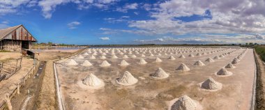 Phetchaburi Tuzu Naklua 'da daireler, çiftlikler ve çiftçiler Phetchaburi, Tayland' da tuz topluyor.