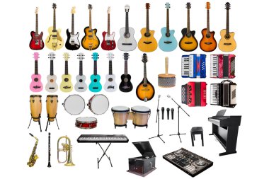 farklı müzik aletleri üzerinde beyaz arka plan izole kümesi