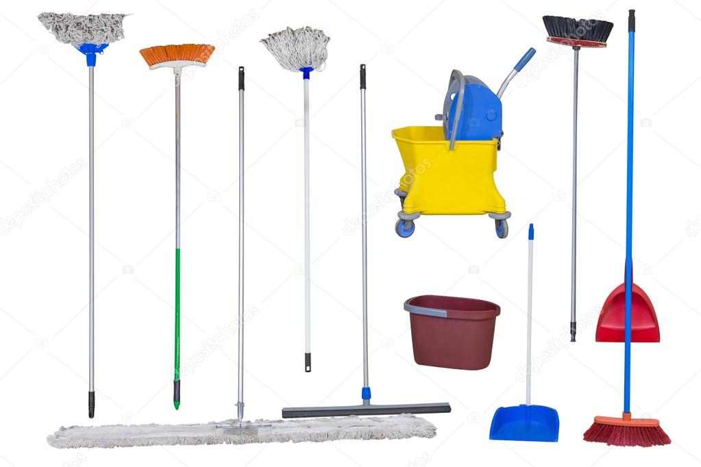 mops, brooms and trash cans isolated on white background