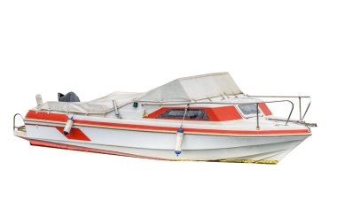 Balıkçı teknesi göl kenarında beyaz arka plan üzerinde