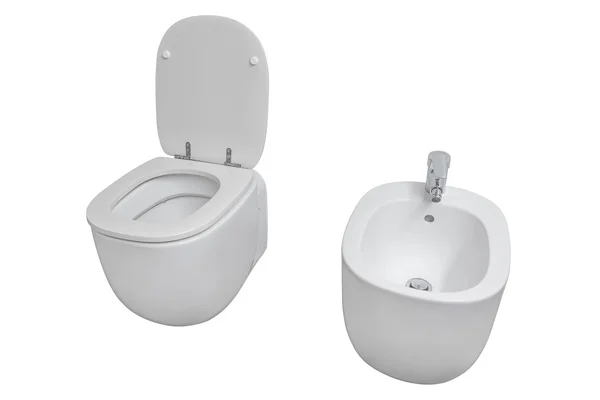Білий туалет і біде ізольовані на білому фоні — стокове фото
