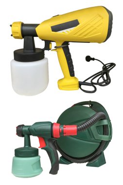 yellow and green industrial spray guns for painting isolated on white background clipart
