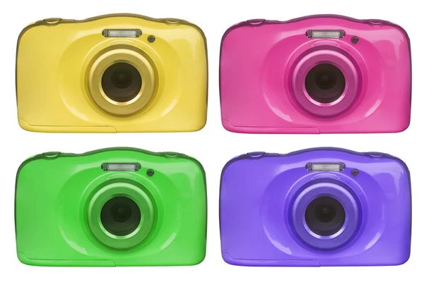 Câmeras digitais compactas de várias cores isoladas em fundo branco — Fotografia de Stock