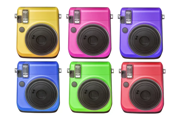 Câmeras digitais compactas de várias cores isoladas em fundo branco — Fotografia de Stock