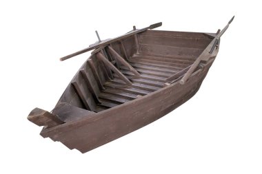 Beyaz arka planda izole edilmiş eski ahşap balıkçı teknesi