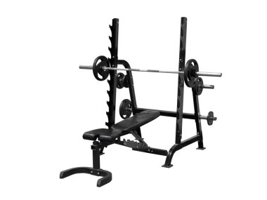 Halter ve halterli spor aletleri beyaz arka planda izole edilmiş.