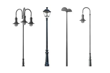 Beyaz zemin üzerinde izole sokak lambaları seti