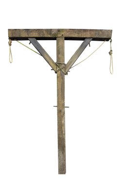 Tahta ortaçağ darağacı beyaz arka planda izole edilmiş.