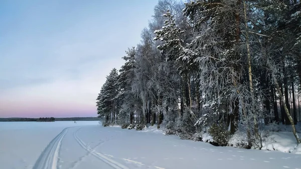 Rosja Karelia Kostomuksha Oto Mroźny Słoneczny Dzień Pokrytym Śniegiem Jeziorze — Zdjęcie stockowe