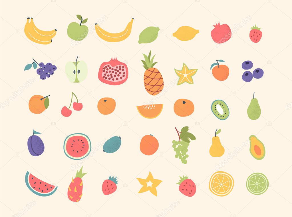 Doodle hand drawn fruits set. Vegan tropical exotic fruits - apple, orange, lemon, blueberry, pomegranate, kiwi, avocado, banana. Vegan, vegetarian nutrition set. Doodle isolated icons. Vector.