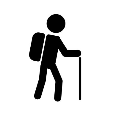 Yürüyüş sporu ikonu. İzole edilmiş arka planda turist, yürüyüşçü silueti sembolü. Vektör illüstrasyonu