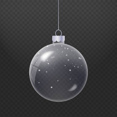 Cam noel küresi gerçekçi bir şekilde. Kar taneli ve karlı kar küresi. Noel kristal küresi. Vektör illüstrasyonu