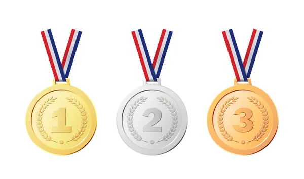 Premios de oro realistas para el ganador de la competencia. Medallas realistas — Archivo Imágenes Vectoriales